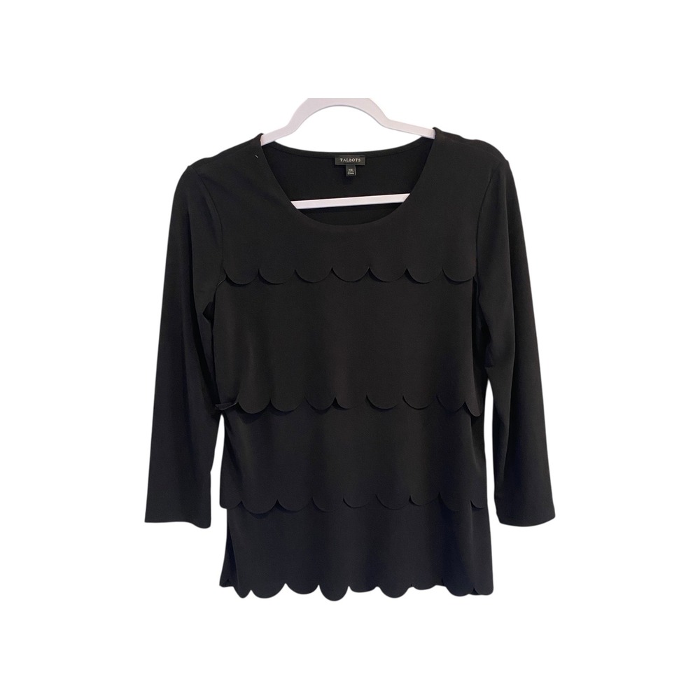 Talbots Womens Top Size XS Black 3/4 Sleeve Scalloped Career Casual Blouse